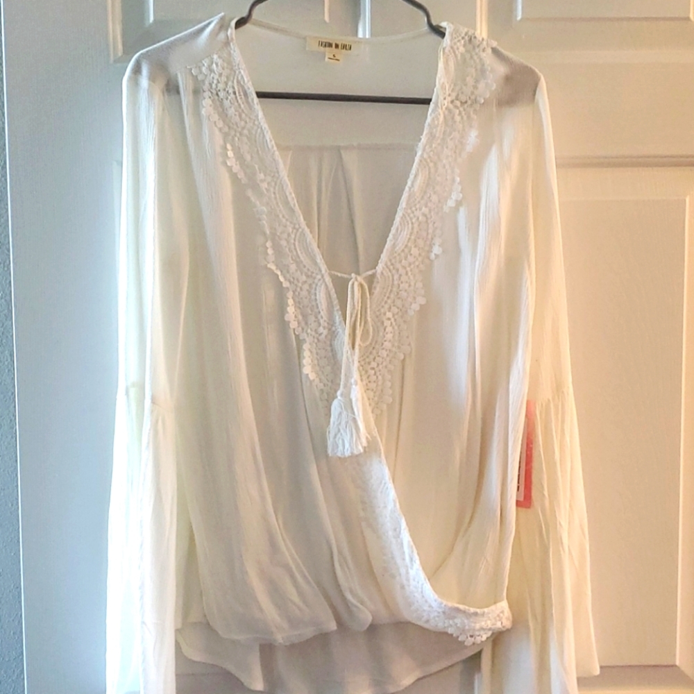 Lush White Embroidered V-Neck Blouse